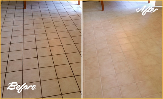 Before and After Picture of a Moseley Kitchen Tile and Grout Cleaned to Remove Embedded Dirt