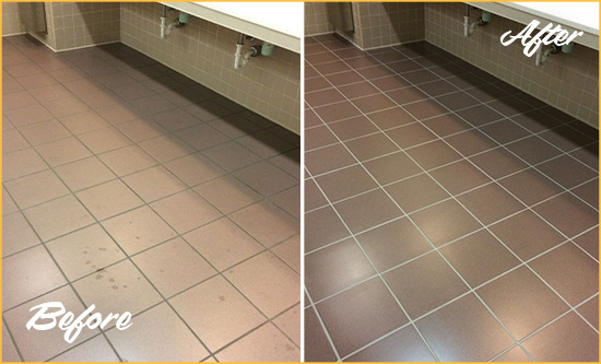 Before and After Picture of a Chesterfield Restrooms Tile and Grout Cleaned to Remove Embedded Dirt