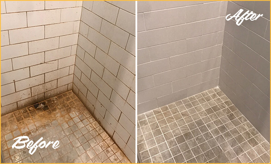 Before and After Picture of a Studley Shower Tile and Grout Cleaned to Eliminate Mold and Stains