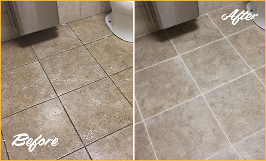 Before and After Picture of a Colonial Heights Restroom Tile and Grout Cleaned to Remove Soil
