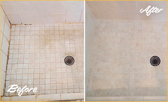 Before and After Picture of a Wyndham Shower Caulked to Fix Cracks