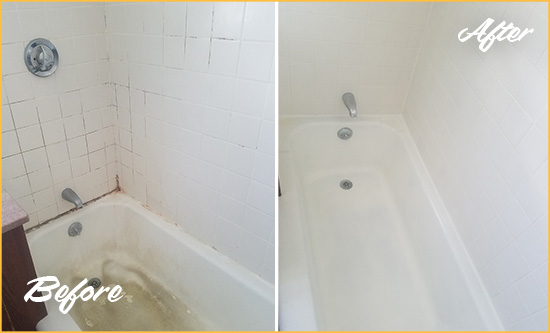 Before and After Picture of a Wyndham Bathtub Caulked to Repair Cracks