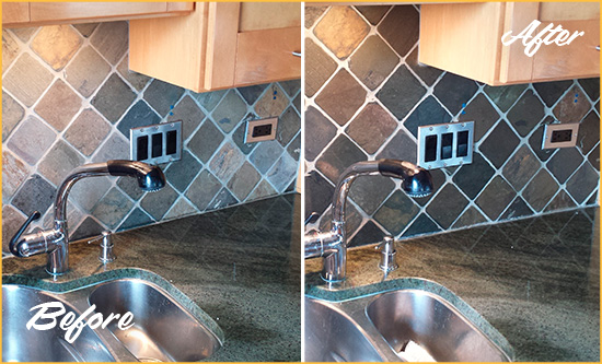 Before and After Picture of a Innsbrook Backsplash Caulked to Fix and Prevent Water Leaks