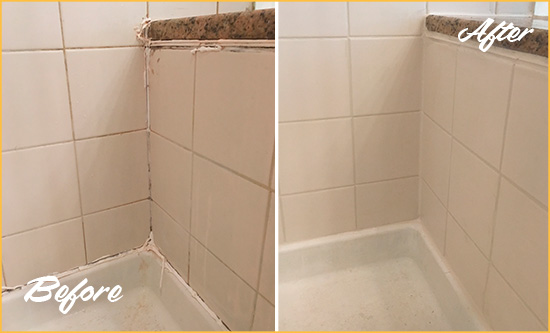 Before and After Picture of a Short Pump Shower Caulked to Repair Damaged Caulking