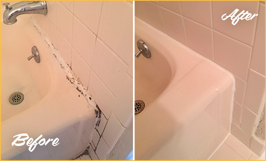 Before and After Picture of a Short Pump Bathroom Sink Caulked to Fix a DIY Proyect Gone Wrong