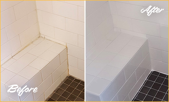 Before and After Picture of a Chesterfield Shower Seat Caulked to Protect Against Mold and Mildew Growth