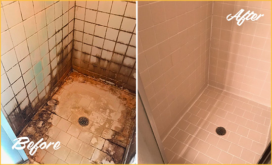 Before and After Picture of a Chesterfield Shower Caulked to Fix and Prevent Water Damage