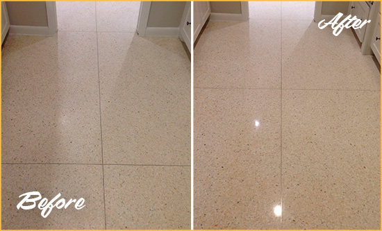 Before and After Picture of a Manakin-Sabot Granite Stone Floor Polished to Repair Dullness