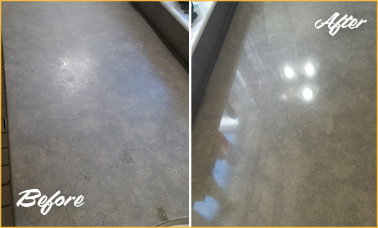 Before and After Picture of a Dull Midlothian Limestone Countertop Polished to Recover Its Color