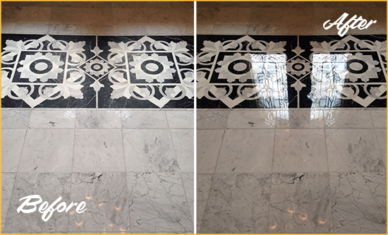 Before and After Picture of a Henrico Marble Stone Floor Polished to a Mirror Shine