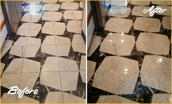 Before and After Picture of a Dull Hopewell Marble Stone Floor Polished To Recover Its Luster