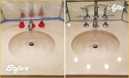 Before and After Picture of a Dull Colonial Heights Marble Stone Vanity Top Polished to Bring-Back Its Sheen