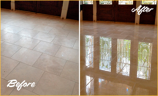 Before and After Picture of a Dull Richmond Travertine Stone Floor Polished to Recover Its Gloss