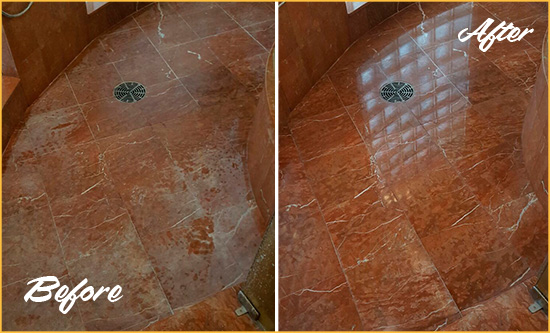 Before and After Picture of a Prince George Marble Stone Shower Polished to Eliminate Mineral Deposits