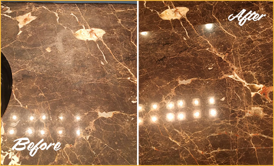 Before and After Picture of a Chester Marble Stone Countertop Polished to Eliminate Stains