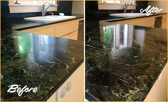 Before and After Picture of a Moseley Marble Stone Counter Polished to Eliminate Water Marks