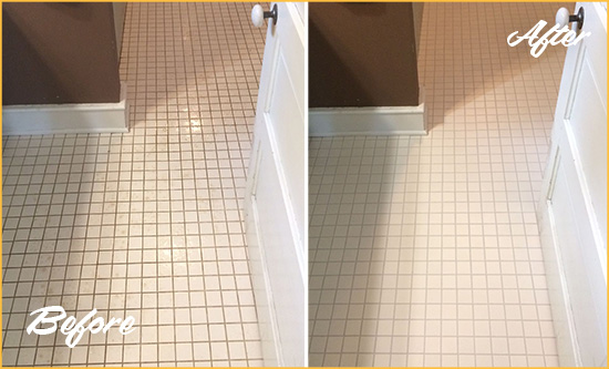 Before and After Picture of a Manakin-Sabot Bathroom Floor Sealed to Protect Against Liquids and Foot Traffic