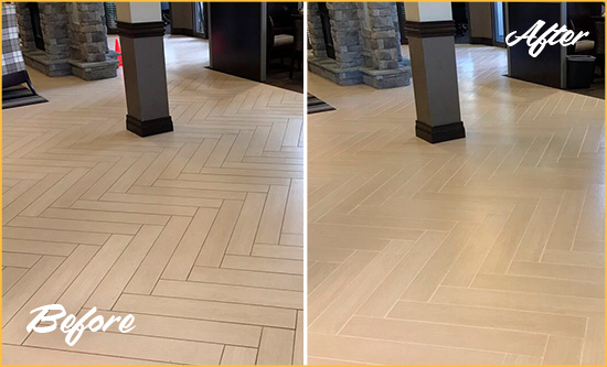 Before and After Picture of a Dirty Wyndham Ceramic Office Lobby Sealed For Extra Protection Against Heavy Foot Traffic
