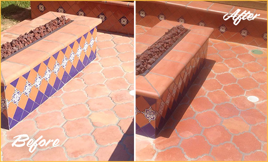 Before and After Picture of a Dull Chesterfield Terracotta Patio Floor Sealed For UV Protection