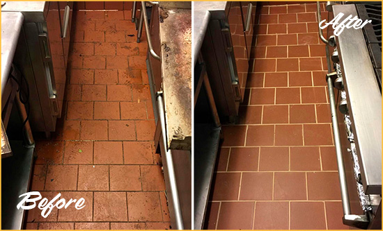 Before and After Picture of a Prince George Restaurant Kitchen Floor Sealed to Remove Soil