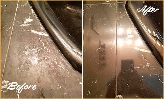 Before and After Picture of a Wyndham Marble Countertop Cleaned to Remove Deep Dirt