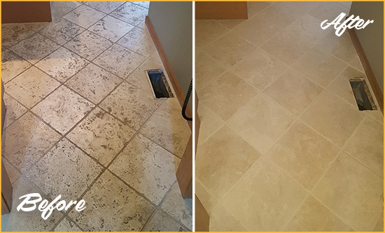 Before and After Picture of a Henrico Kitchen Marble Floor Cleaned to Remove Embedded Dirt