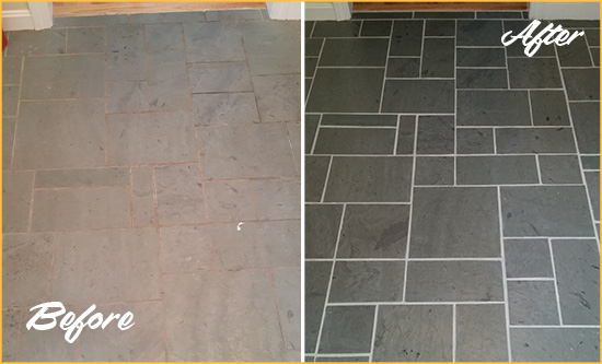 Before and After Picture of a Short Pump Slate Floor Cleaned to Remove Deep-Seated Dirt