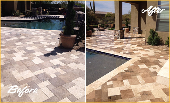 Before and After Picture of a Dull Innsbrook Travertine Pool Deck Cleaned to Recover Its Original Colors