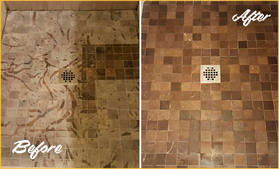 Before and After Picture of a Stained Henrico Marble Shower Floor Cleaned to Remove Etching