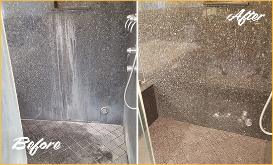 Before and After Picture of a Short Pump Granite Shower Cleaned to Remove Mineral Deposits