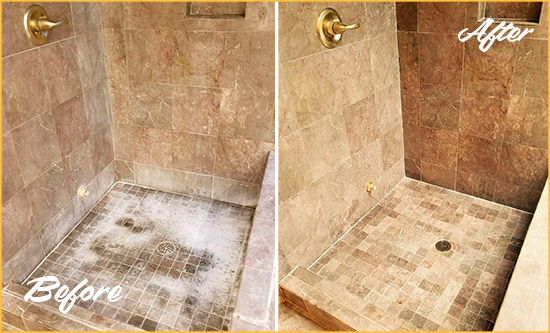 Before and After Picture of a Short Pump Travertine Shower Cleaned to Eliminate Water Spots