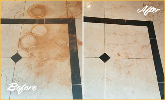 Before and After Picture of a Innsbrook Marble Floor Cleaned to Eliminate Rust Stains