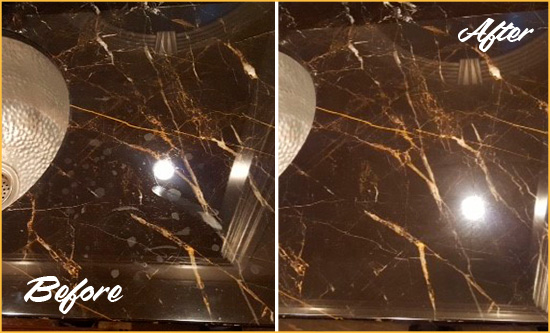 Before and After Picture of a Colonial Heights Marble Countertop Cleaned to Remove Water Spots