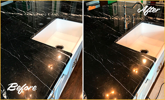 Before and After Picture of a Richmond Marble Kitchen Countertop Stone Sealed to Avoid Water Damage