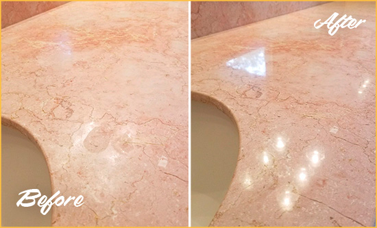 Before and After Picture of a Chesterfield Marble Stone Vanity Top Sealed to Avoid Water Marks