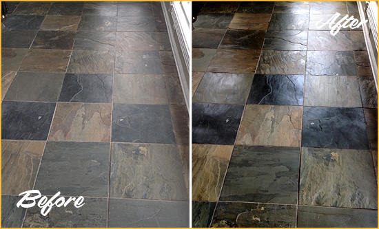 Before and After Picture of a Hopewell Slate Stone Floor Sealed to Eliminate Dullness