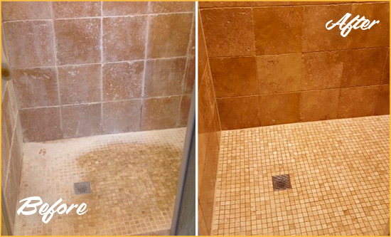 Before and After Picture of a Colonial Heights Travertine Shower Honed to Remove Mineral Deposits