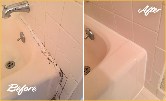 Before and After Picture of a Short Pump Hard Surface Restoration Service on a Tile Shower to Repair Damaged Caulking