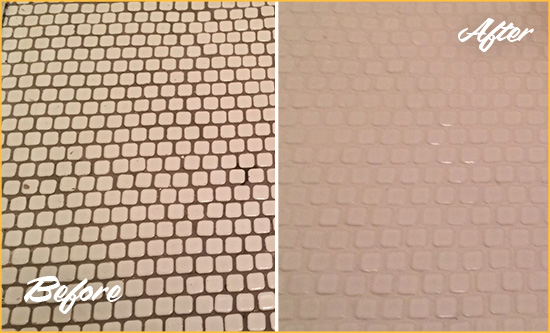 Before and After Picture of a Prince George Hard Surface Restoration Service on a Bathroom Tile Floor Recolored to Fix Grout Color