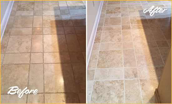 Before and After Picture of Chesterfield Kitchen Floor Grout Cleaned to Recover Its Color