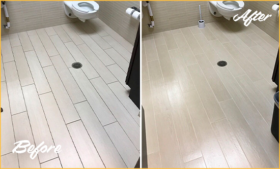 Before and After Picture of a Short Pump Office Restroom's Grout Cleaned to Remove Dirt