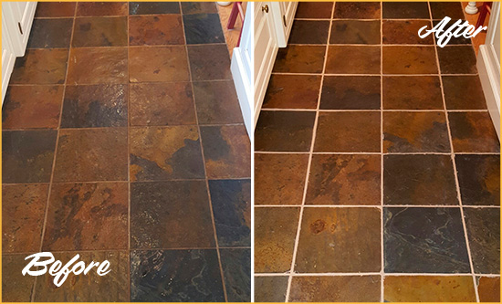 Before and After Picture of Chester Slate Floor Grout Cleaned to Remove Dirt
