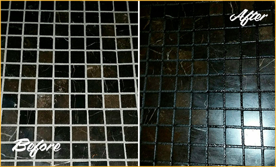 Before and After Picture of a Prince George Black Floor with Recolored Grout