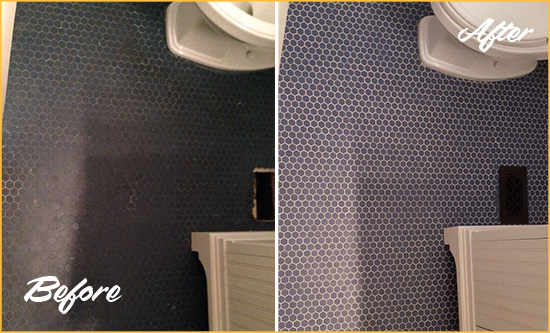 Before and After Picture of a Henrico Blue Tile Floor Recolored Grout