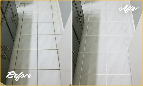 Before and After Picture of a Moseley White Ceramic Tile with Recolored Grout