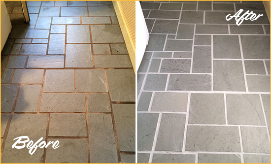 Before and After Picture of Damaged Innsbrook Slate Floor with Sealed Grout