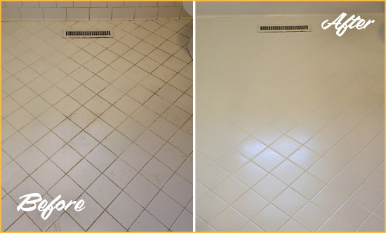 Before and After Picture of a Chesterfield White Bathroom Floor Grout Sealed for Extra Protection
