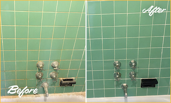 Before and After Picture of a Short Pump Bath Tub Grout Sealed to Avoid Water Damage