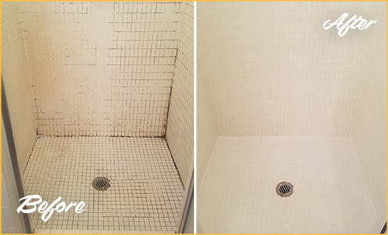 Before and After Picture of a Chesterfield Bathroom Grout Sealed to Remove Mold