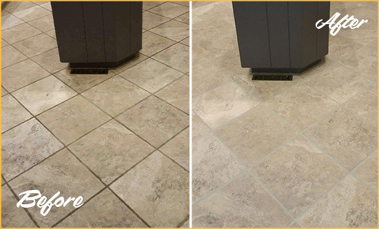 Before and After Picture of a Prince George Kitchen Floor Grout Sealed to Remove Stains